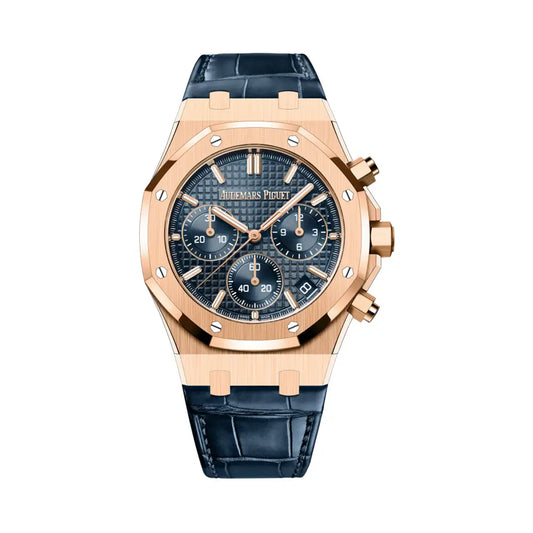 Audemars Piguet Royal Oak Chronografh Watch Everose Gold Blue Dial Leather Strap 41mm