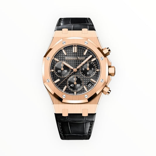 Audemars Piguet Royal Oak Chronografh Watch Everose Gold Black Dial Leather Strap 41mm