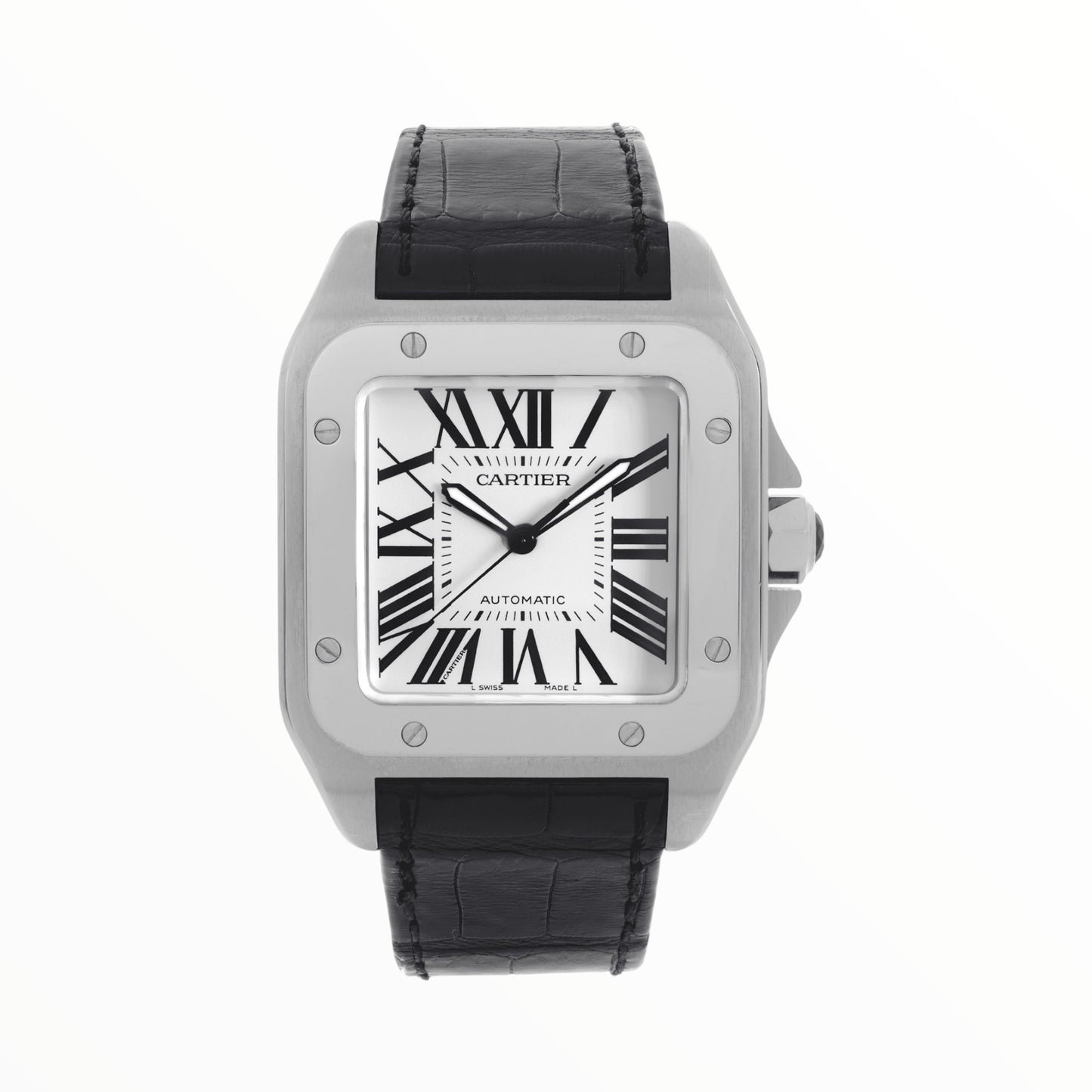 Cartier Santos 35.5mm Steel Whits Dial Leather Strap