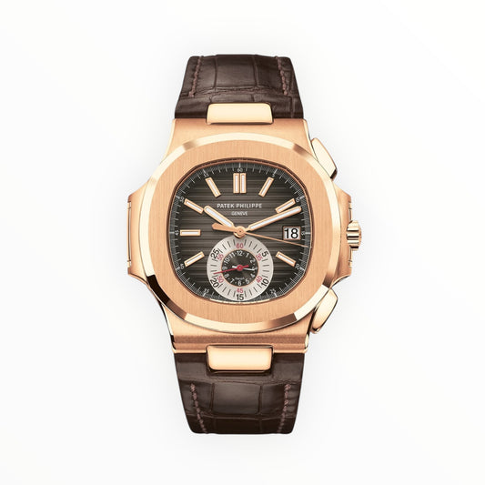 Patek Philippe Nautilus Black-Brown Dial 18kt Rose Gold Case Brown Leather Men's Watch