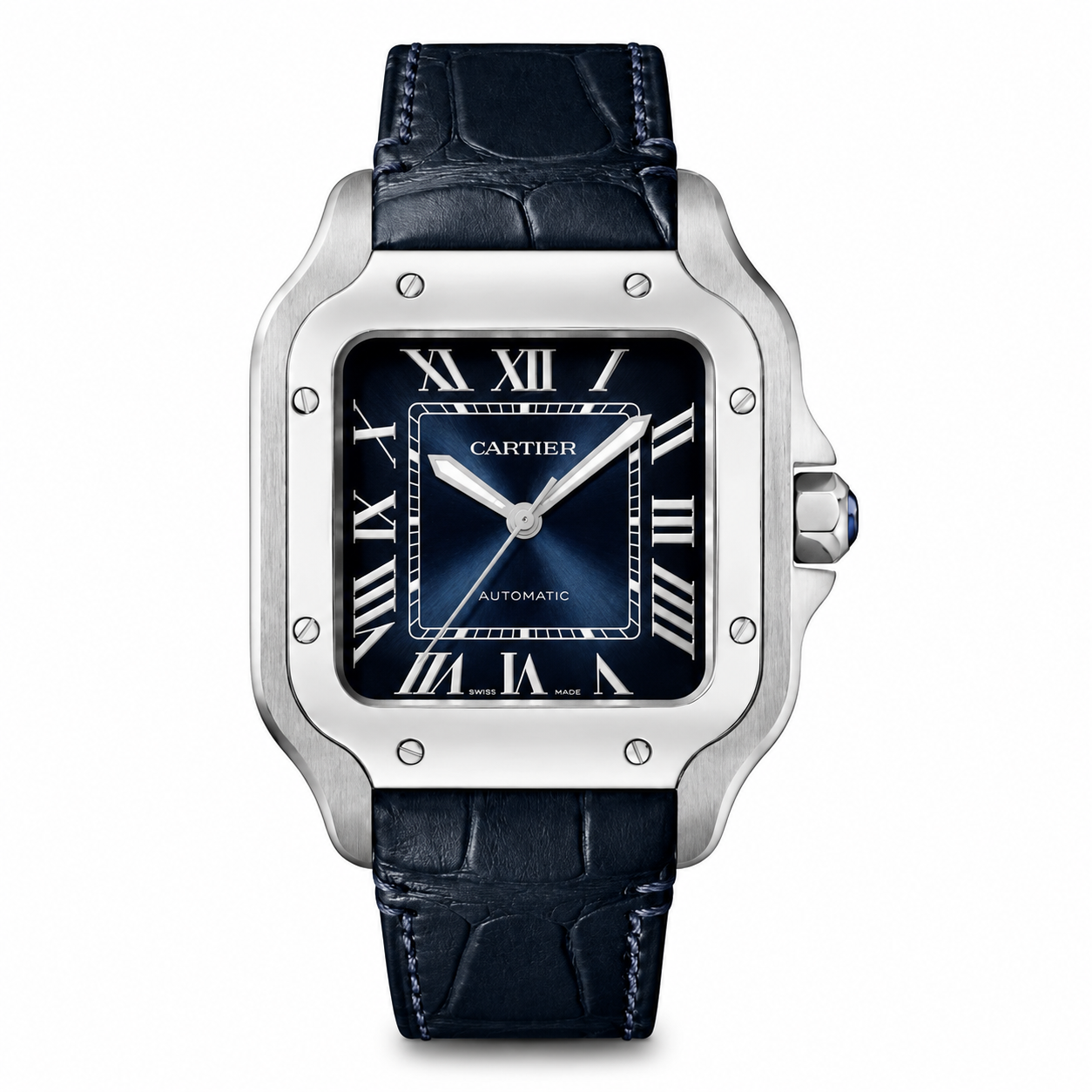 Cartier Santos 35.5mm Steel Blue Dial Blue Leather Strap