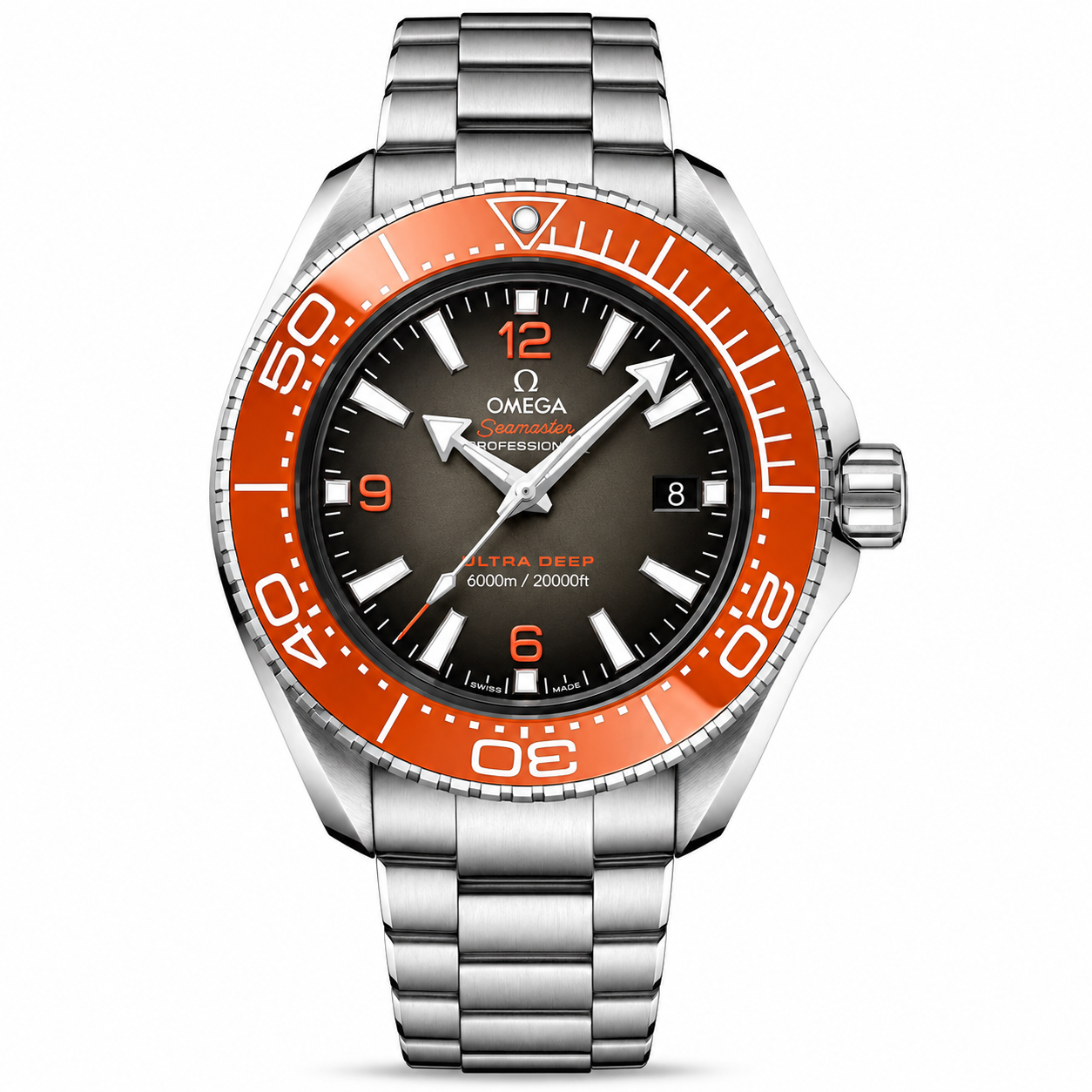 Omega Seamaster Planet Ocean Ultra Deep Grey Dial Orange Bezel 6000M Chronometer 45.5mm Rubber