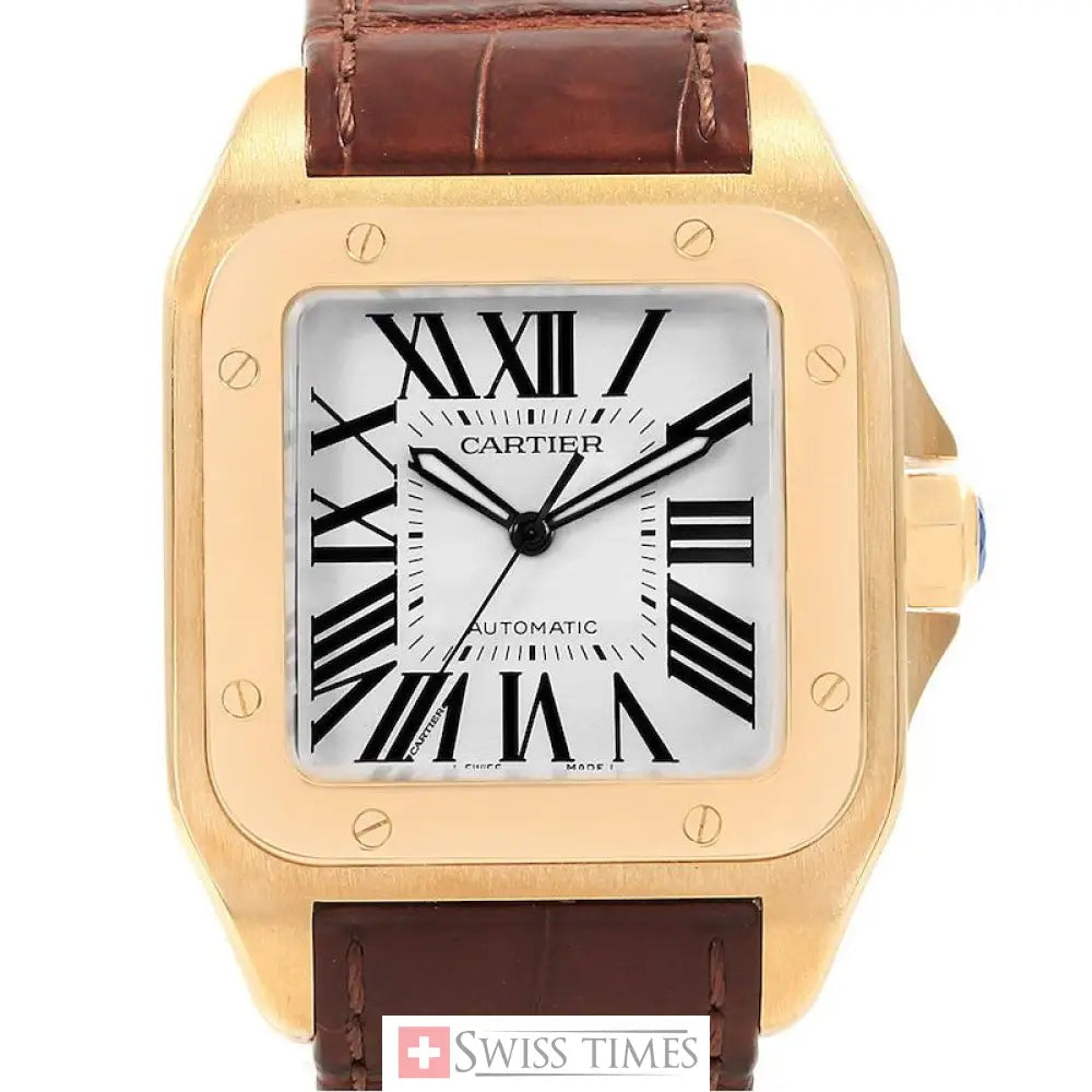 Cartier Santos 100 Yellow Gold Brown Strap Mens Watch
