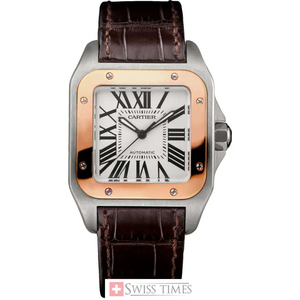 Cartier Santos Watch 40mm Two Tone Brown Leather Strap White Dial