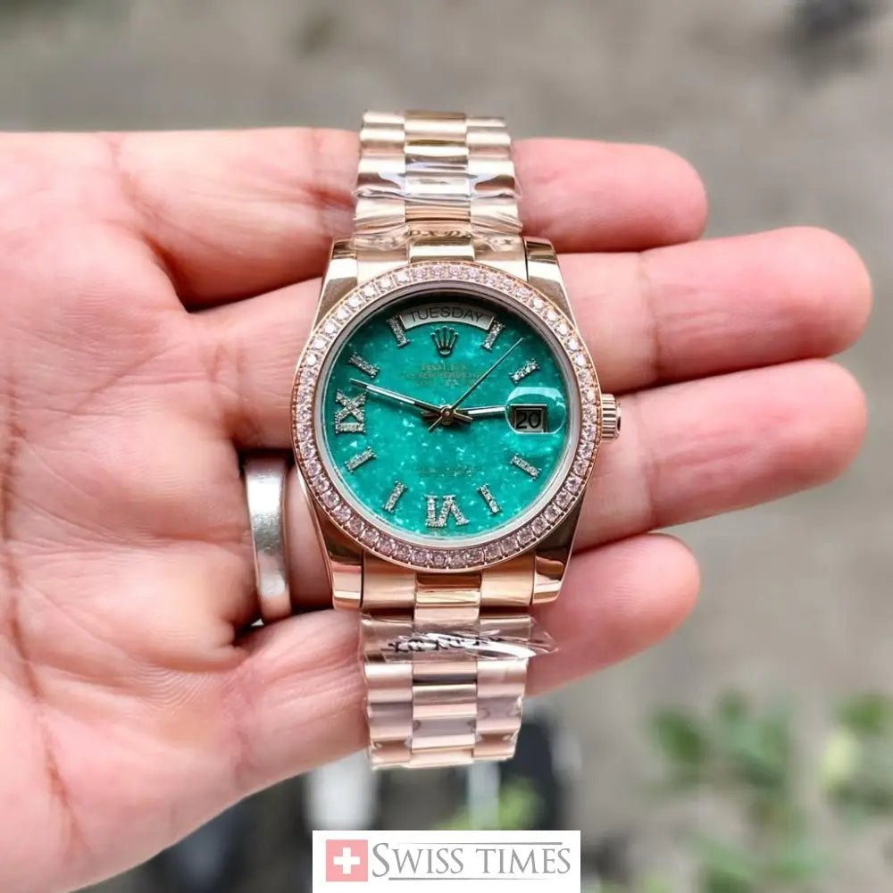 D-Date 36 Everose Gold Aventurine Roman Diamond Dial Set With Diamonds bEZEL