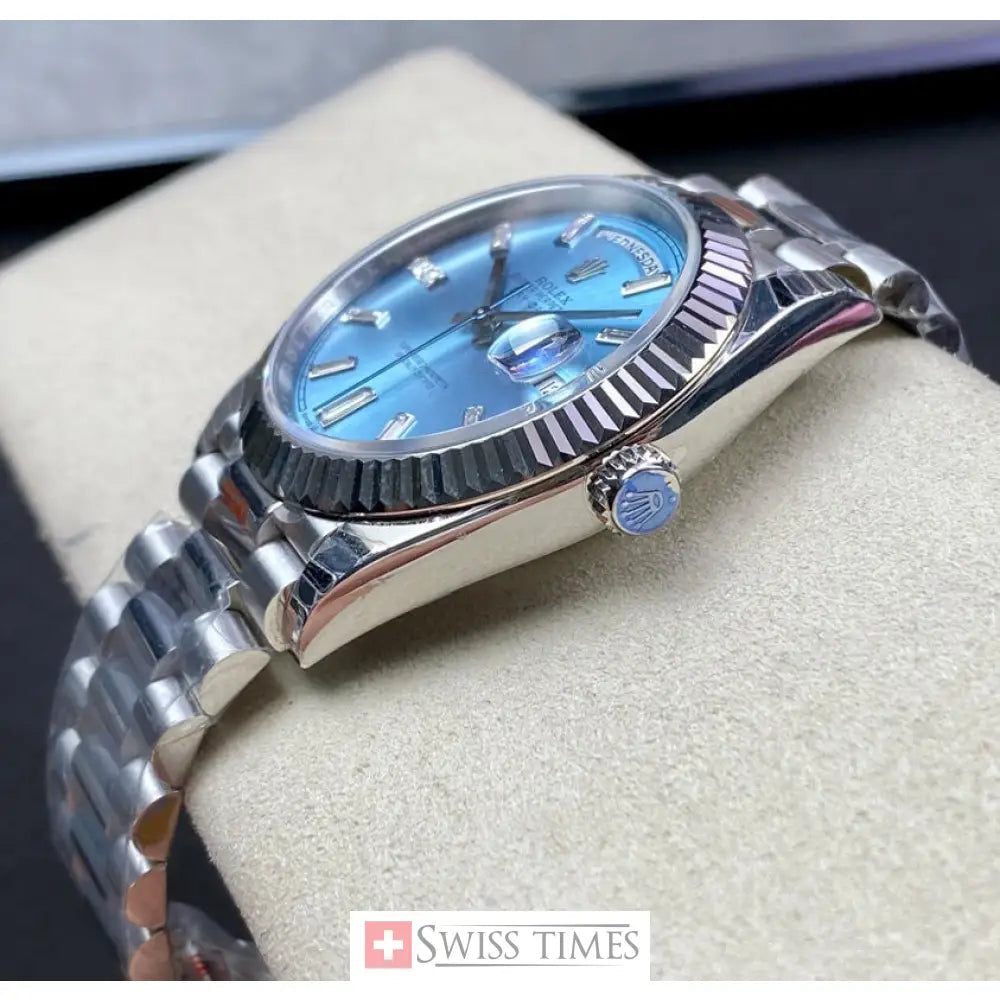 D-Date 36mm President Platinum Watch Ice Blue Roman Dial With Diamonds Baguette