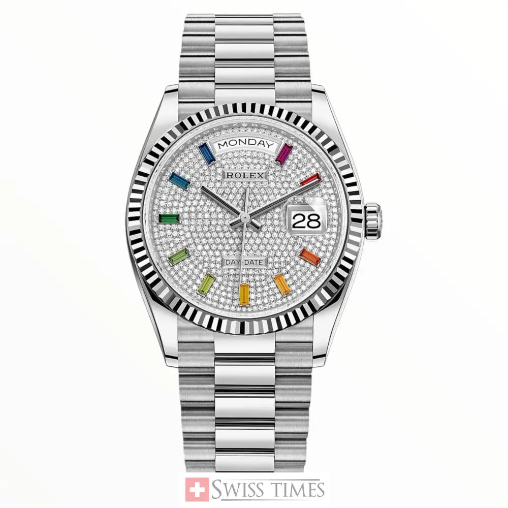D-Date 36mm White Gold Paved Rainbow Fluted Bezel 36mm