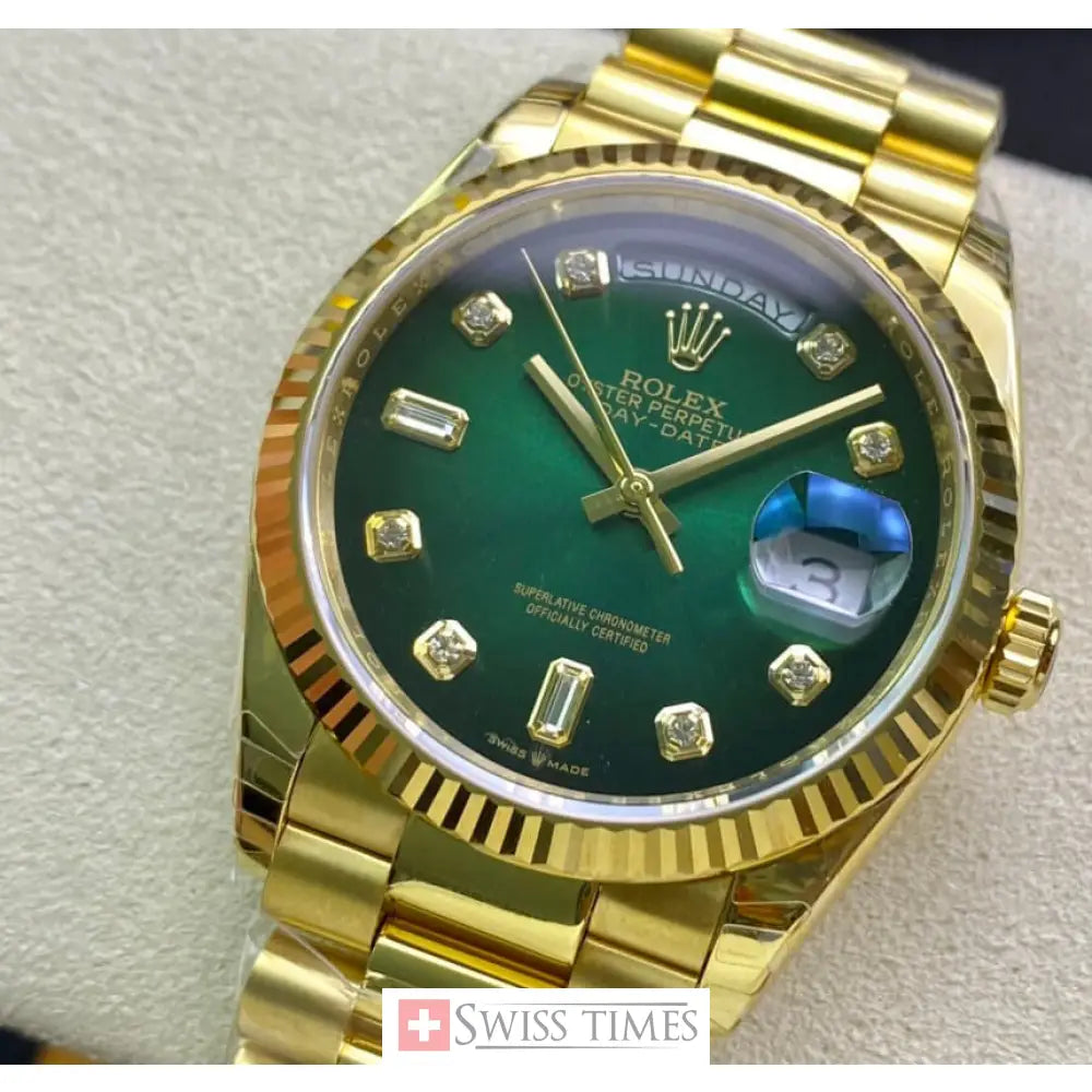 D-Date 36mm Yellow Gold President Green Diamonds Dial
