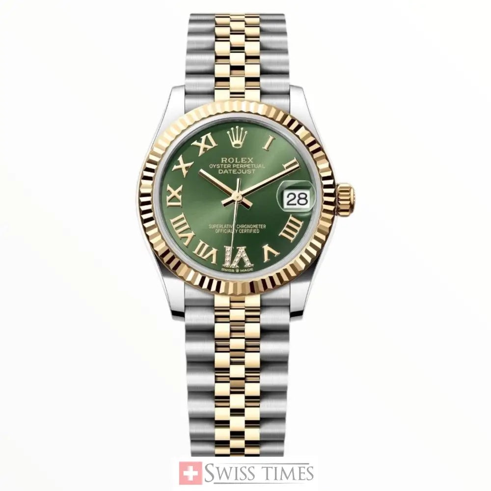 Date-just TwoTone Yellow Gold Green Roman Dial Jubilee 31MM