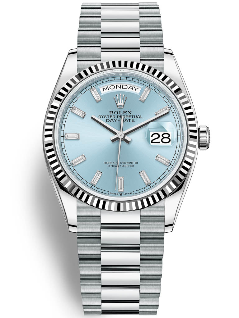 Rolex Day-Date 36mm President Platinum Watch Ice Blue Roman Dial With Diamonds Baguette