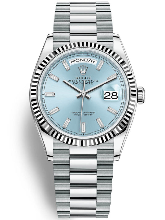 Rolex Day-Date 36mm President Platinum Watch Ice Blue Roman Dial With Diamonds Baguette