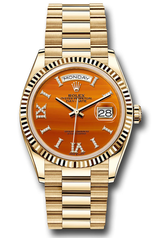 Rolex Day-Date 36 Yellow Gold Carnelian Orange Diamond Roman VI IX Dial & Fluted Bezel President Bracelet