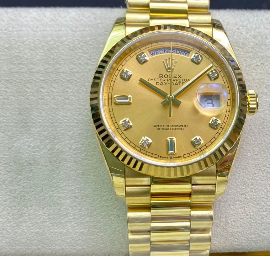 Rolex Day-Date 36mm Yellow Gold President Champagne Baguette Dial