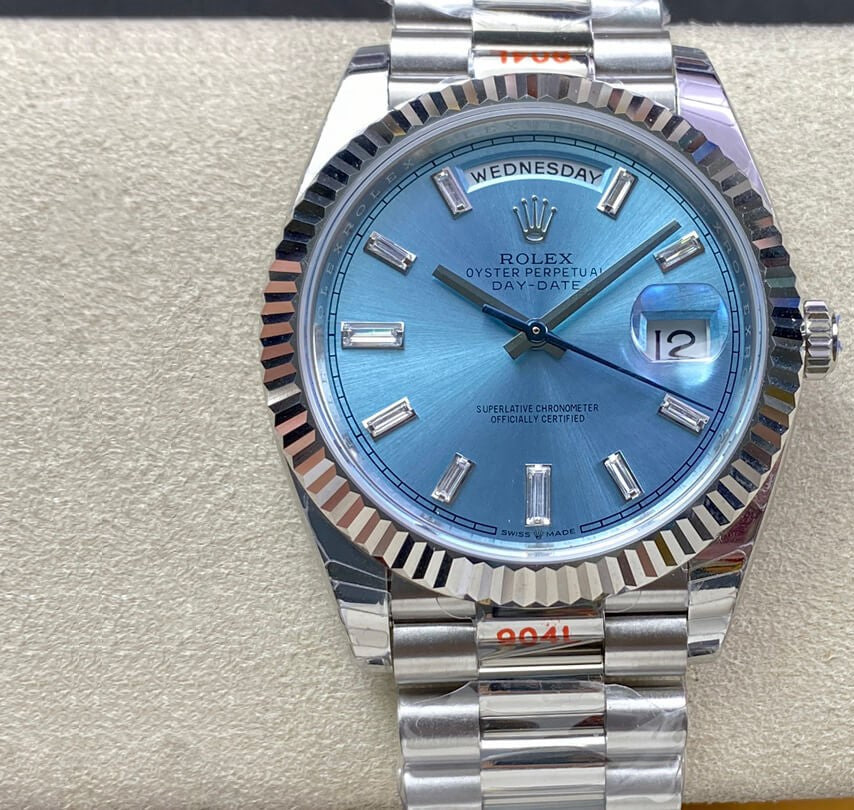 Rolex Day-Date 36mm President Platinum Watch Ice Blue Roman Dial With Diamonds Baguette