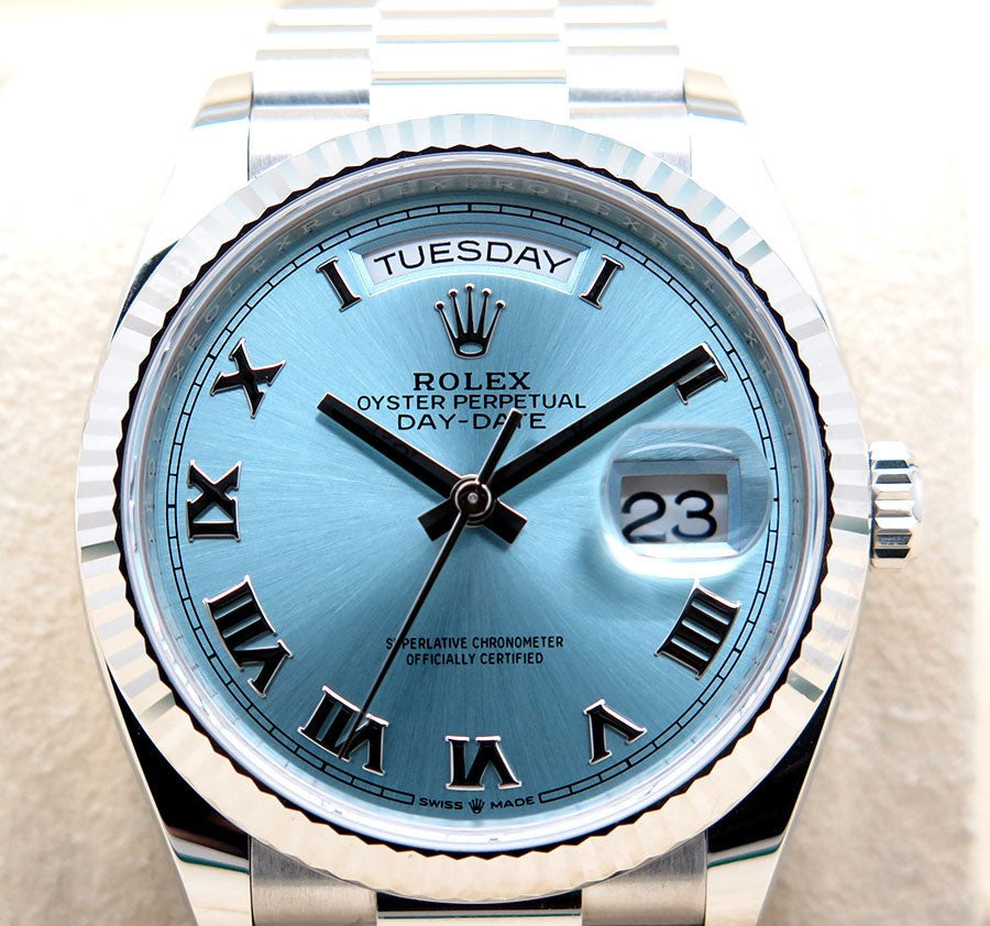 Rolex Day-Date 36mm President Platinum Watch Ice Blue Roman Dial