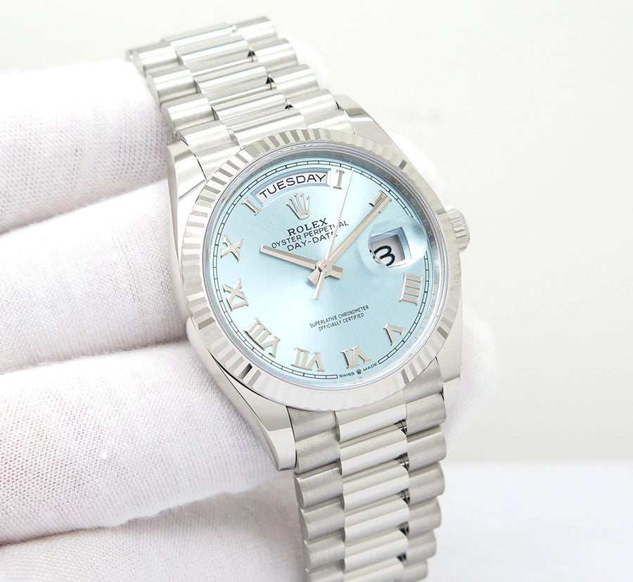 Rolex Day-Date 36mm President Platinum Watch Ice Blue Roman Dial