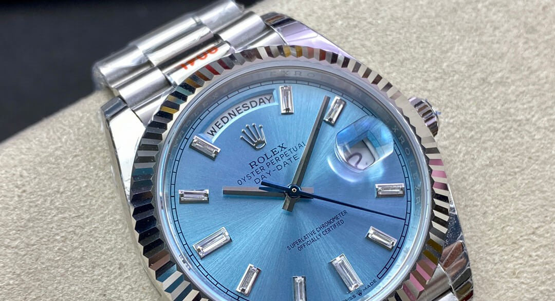 Rolex Day-Date 36mm President Platinum Watch Ice Blue Roman Dial With Diamonds Baguette