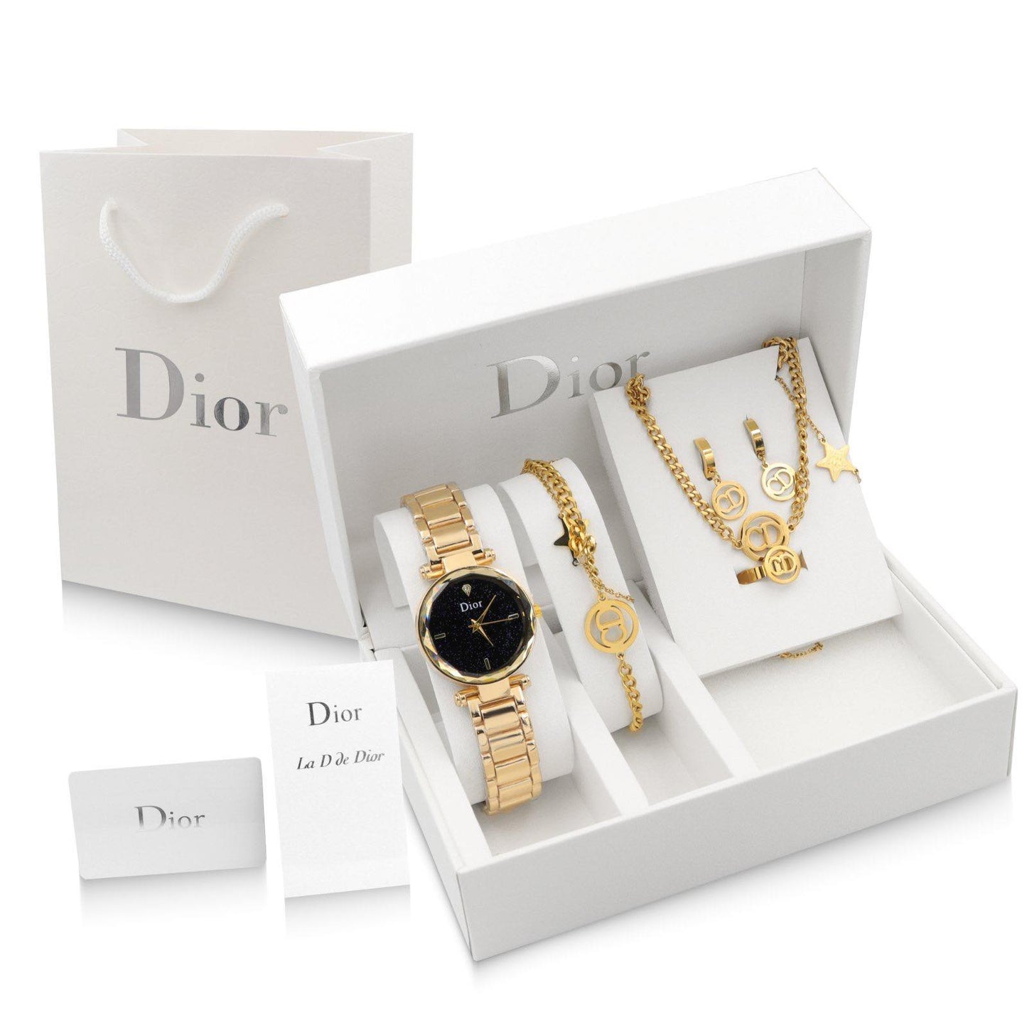 Dior Full Set Yellow Gold Watch/Bracelet/Ring/Earrings/Necklace