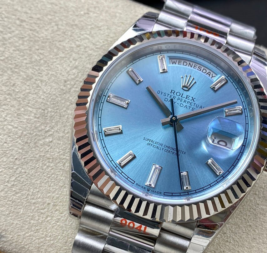 Rolex Day-Date 36mm President Platinum Watch Ice Blue Roman Dial With Diamonds Baguette