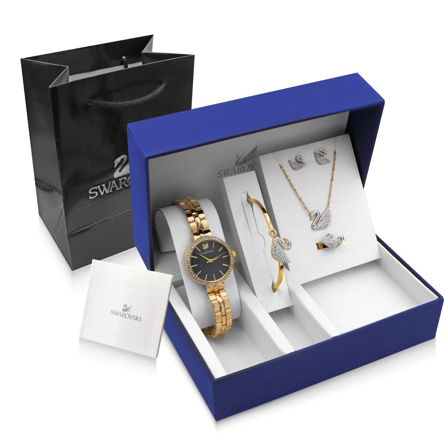 Swarowski Yellow Gold Full Set Watch/Bracelet/Ring/Earrings/Necklace