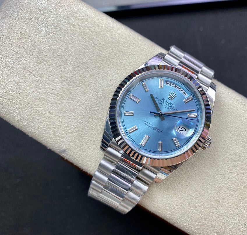 Rolex Day-Date 36mm President Platinum Watch Ice Blue Roman Dial With Diamonds Baguette