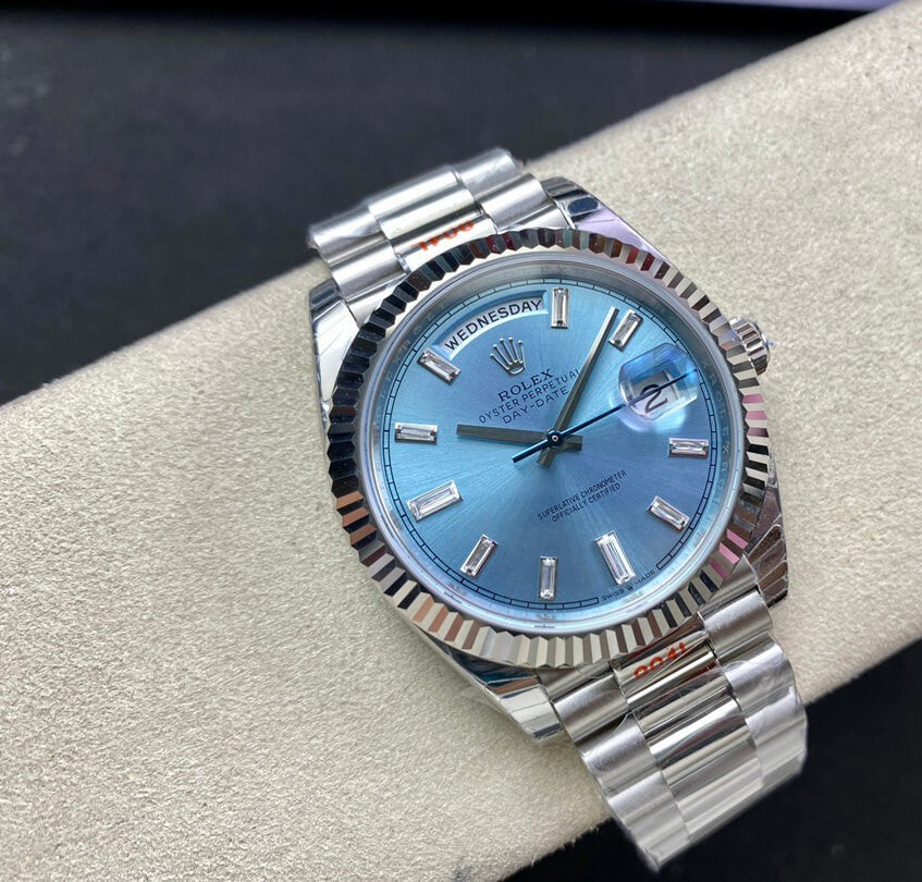 Rolex Day-Date 36mm President Platinum Watch Ice Blue Roman Dial With Diamonds Baguette