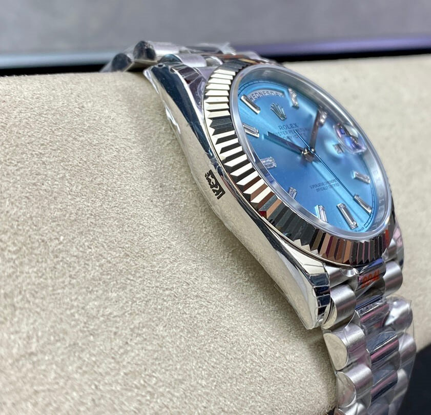 Rolex Day-Date 36mm President Platinum Watch Ice Blue Roman Dial With Diamonds Baguette