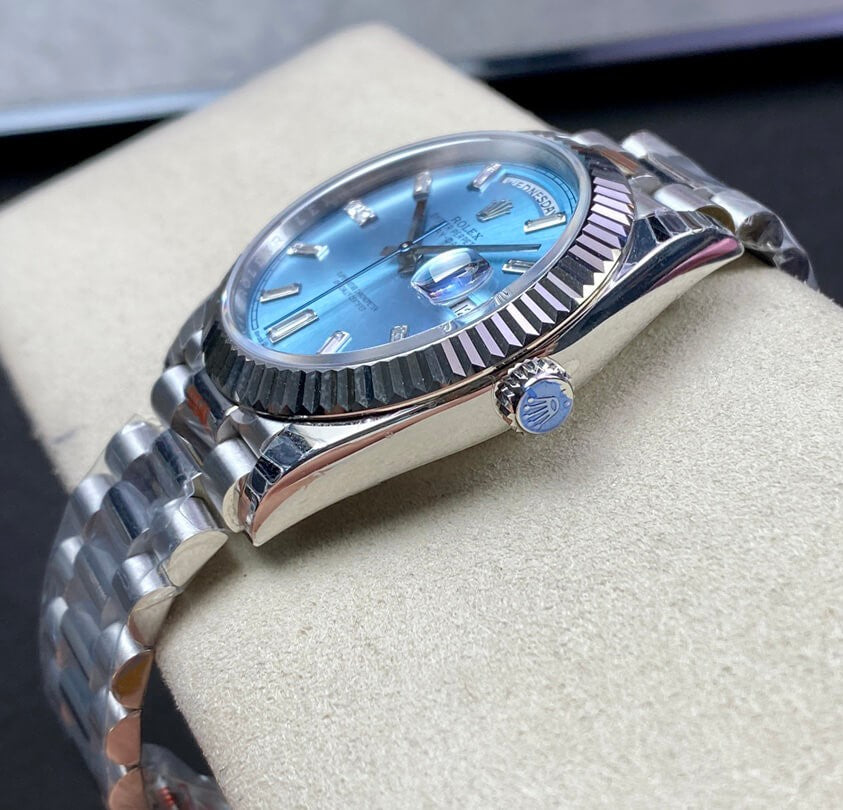 Rolex Day-Date 36mm President Platinum Watch Ice Blue Roman Dial With Diamonds Baguette