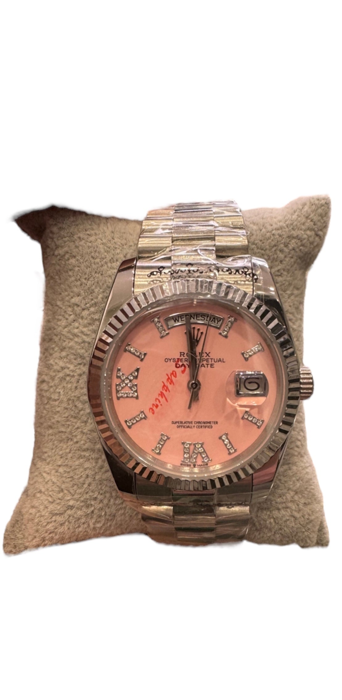 Rolex Day-Date 36 Platinum Pink Opal Diamond Index Roman 9 Dial - President Bracelet