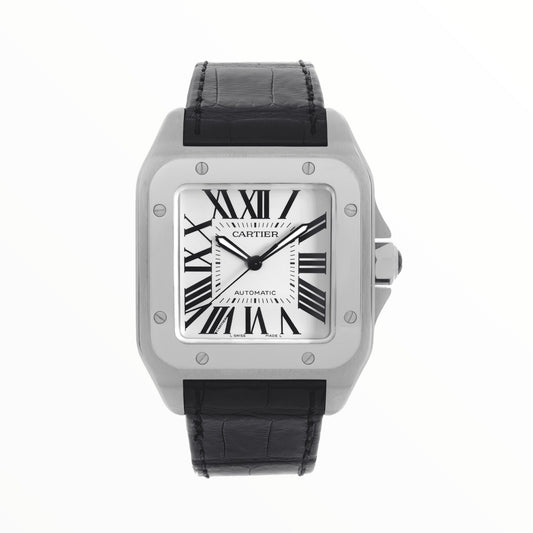 Cartier Santos 35.5mm Steel Whits Dial Leather Strap