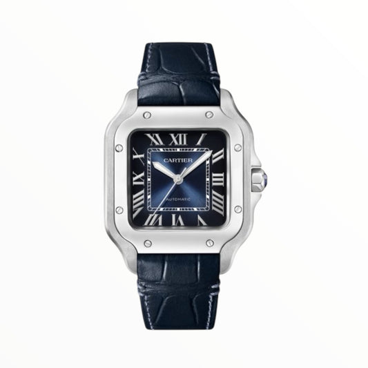 Cartier Santos 35.5mm Steel Blie Dial Blue Leather Strap