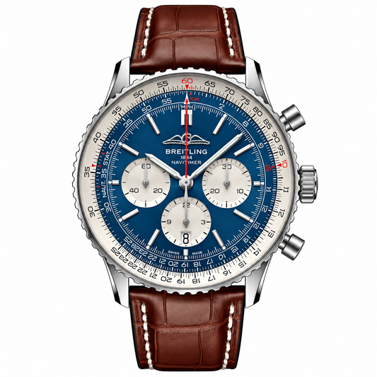 Breitling Navitimer B01 Chronograph Blue Panda Brown Leather Strap 41mm