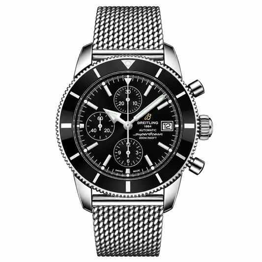 Breitling SuperOcean Heritage B20 44mm Black Chronograph Silver Strap
