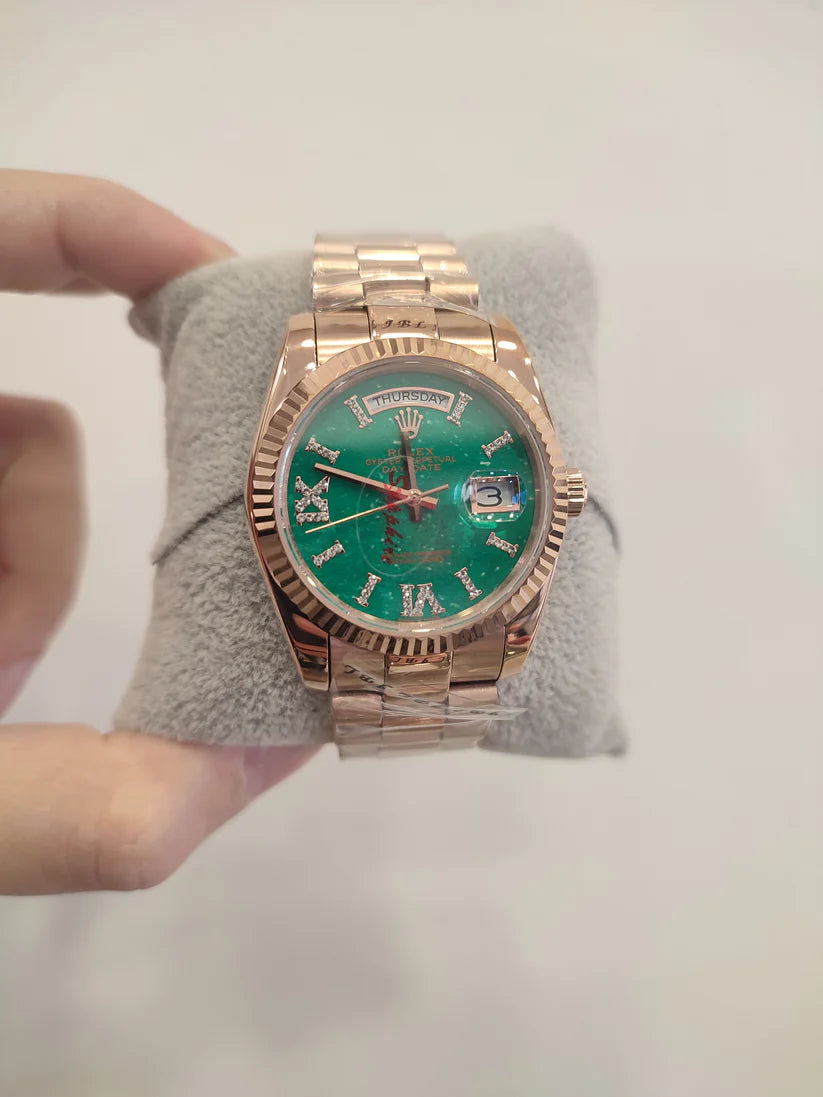 Rolex Day-Date 36 Everose Gold Aventurine Roman Diamond Dial