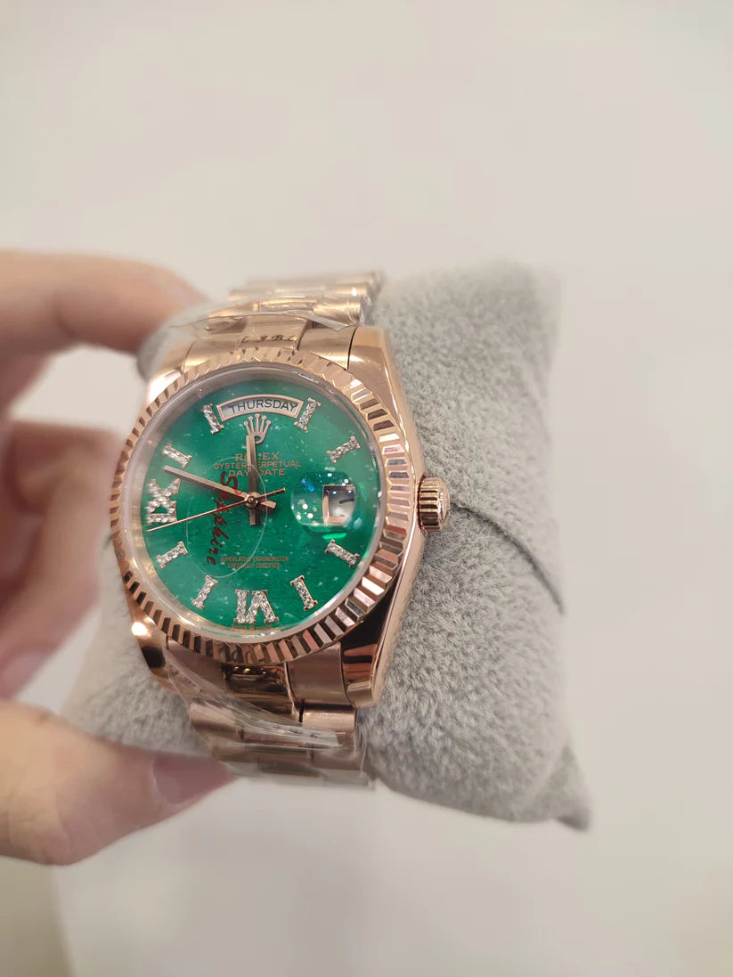 Rolex Day-Date 36 Everose Gold Aventurine Roman Diamond Dial