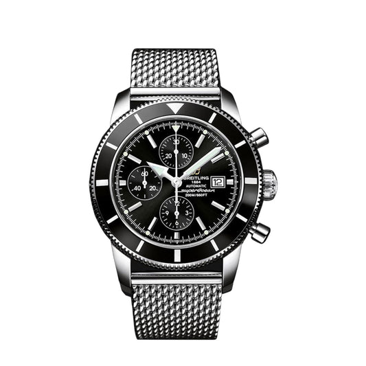 Breitling SuperOcean Heritage B20 44mm Black Chronograph Silver Strap