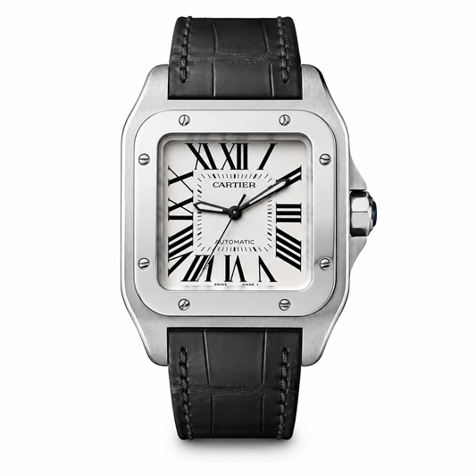 Cartier Santos 35.5mm Medium White Dial Leather Strap