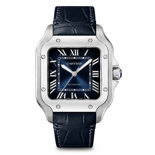 Cartier Santos 35.5mm Steel Blue Dial Blue Leather Strap