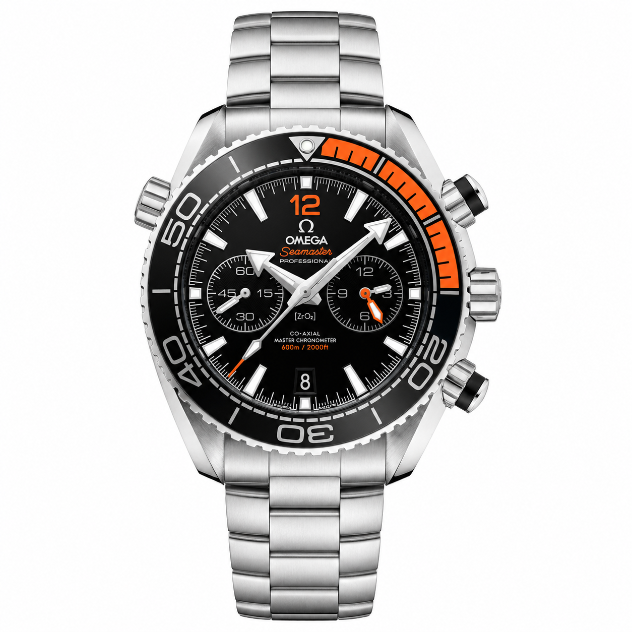 Omega Planet Ocean 600M CoAxial Sea Master Chronografh Steel Black Orange Strap 45.5 mm