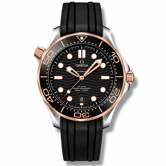 Omega Diver 300M CoAxial Master Chronometer Two Tone Black Dial Rubber Strap 42 mm