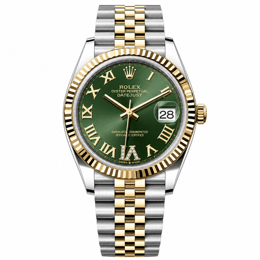 Date-just TwoTone Yellow Gold Green Roman Dial Jubilee 31MM