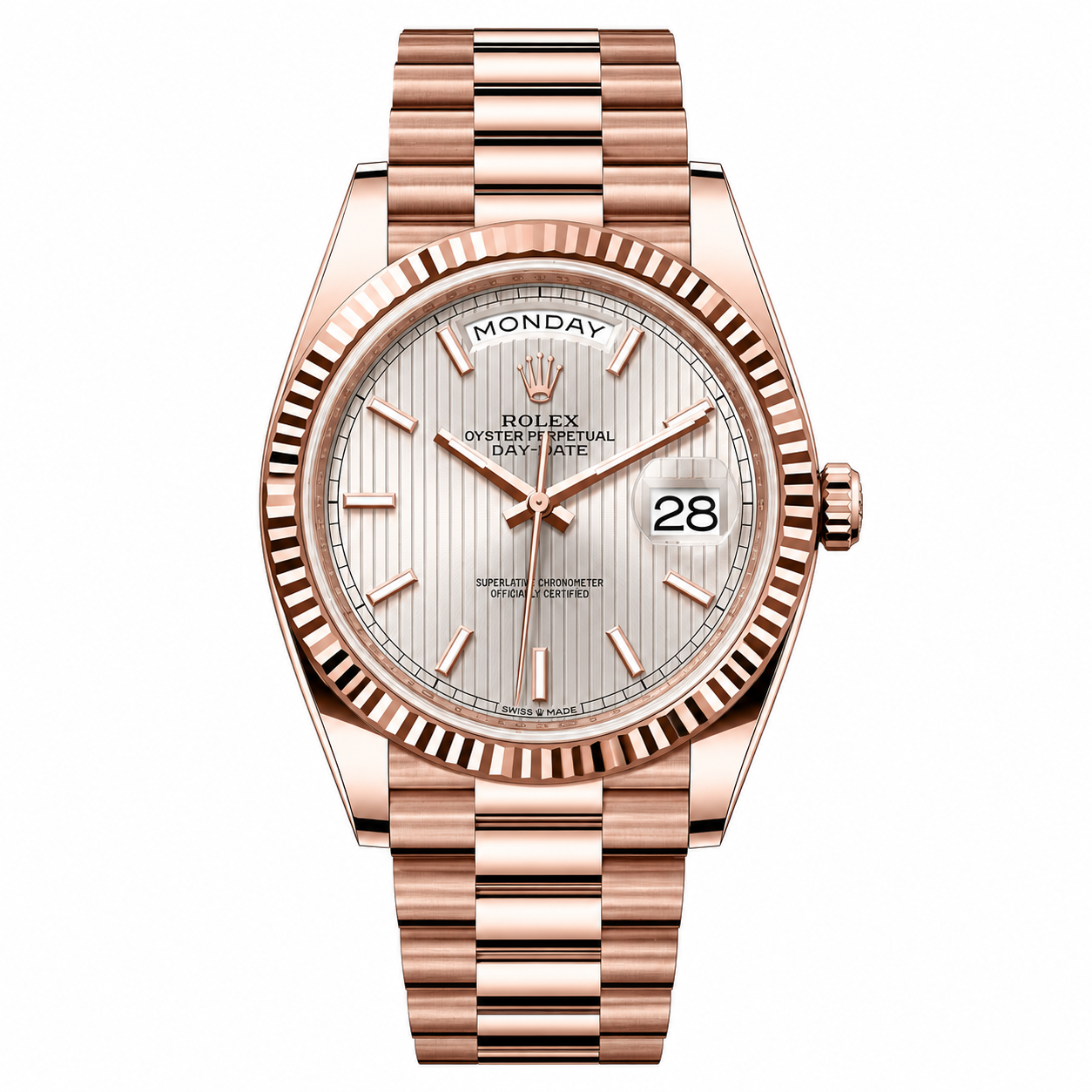 Rolex Day-Date Silver Stripe Dial Rose Gold President 40mm