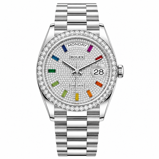 Rolex Day-Date Ice Diamonds Rainbow Dial Silver President 36mm
