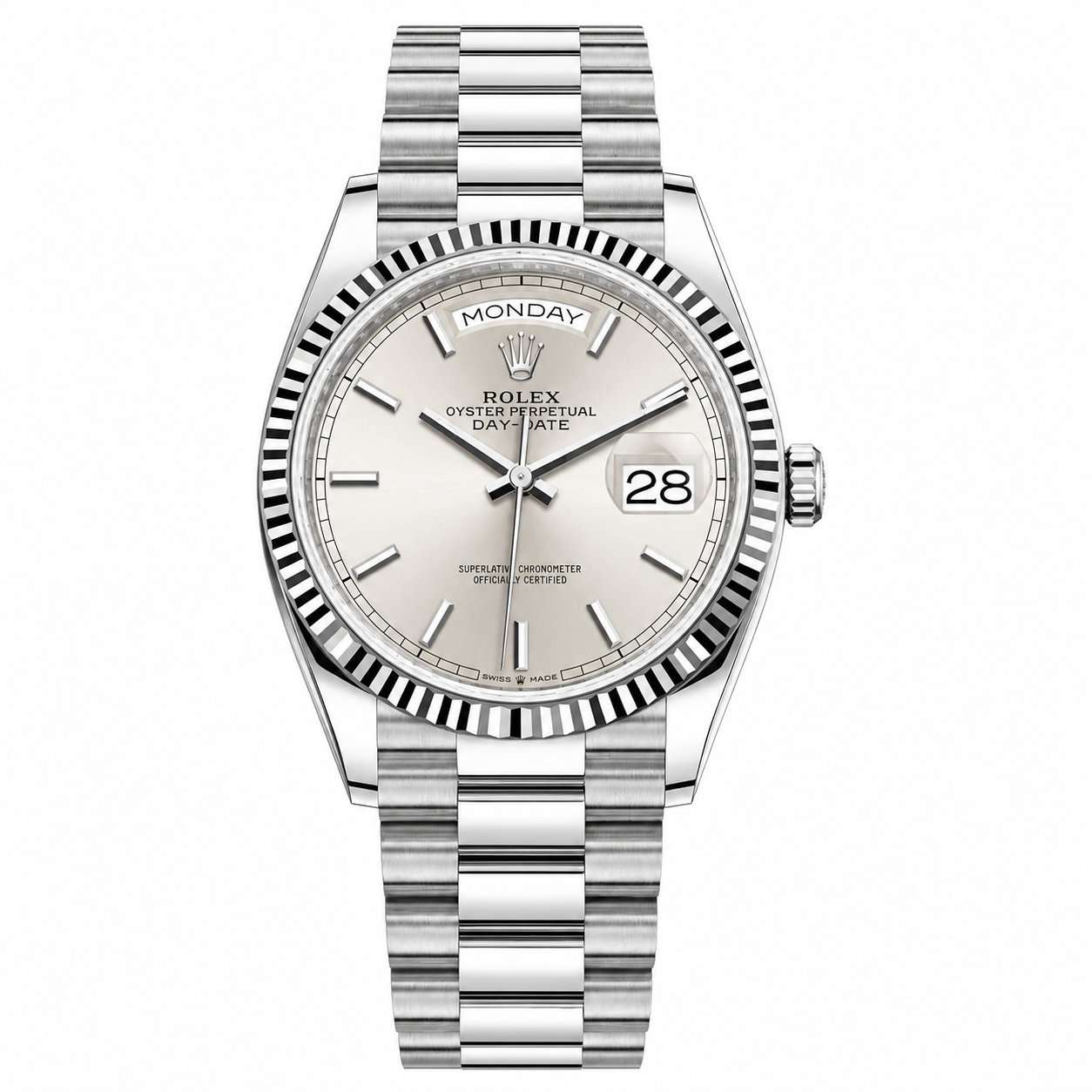 Rolex Day-Date Silver Sunburst Dial Silver President 36mm