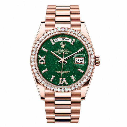Rolex Day-Date Green Stone Diamond Bezel Rose Gold President 36mm