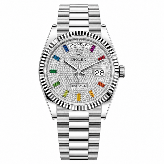 Rolex Day-Date Rainbow Pave Dial Silver President 36mm