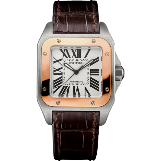 Cartier Santos Watch 40mm Two Tone Brown Leather Strap White Dial