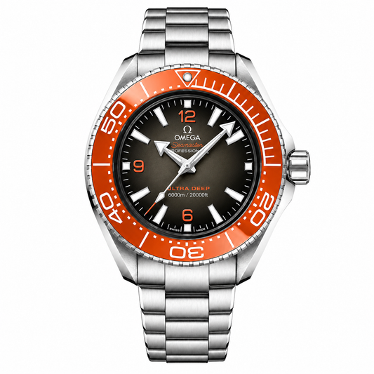 Omega Seamaster Planet Ocean Ultra Deep Grey Dial Orange Bezel 6000M Chronometer 45.5mm Rubber