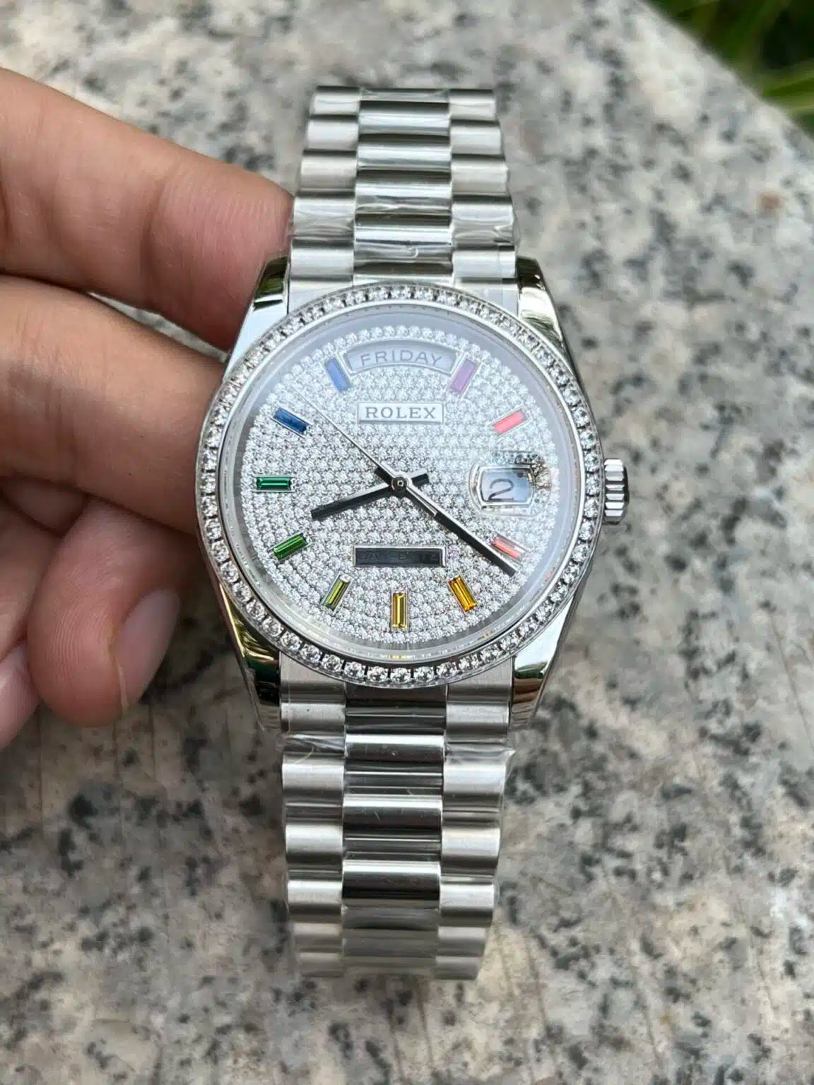 Rolex Day-Date 36mm White Gold  Paved Rainbow