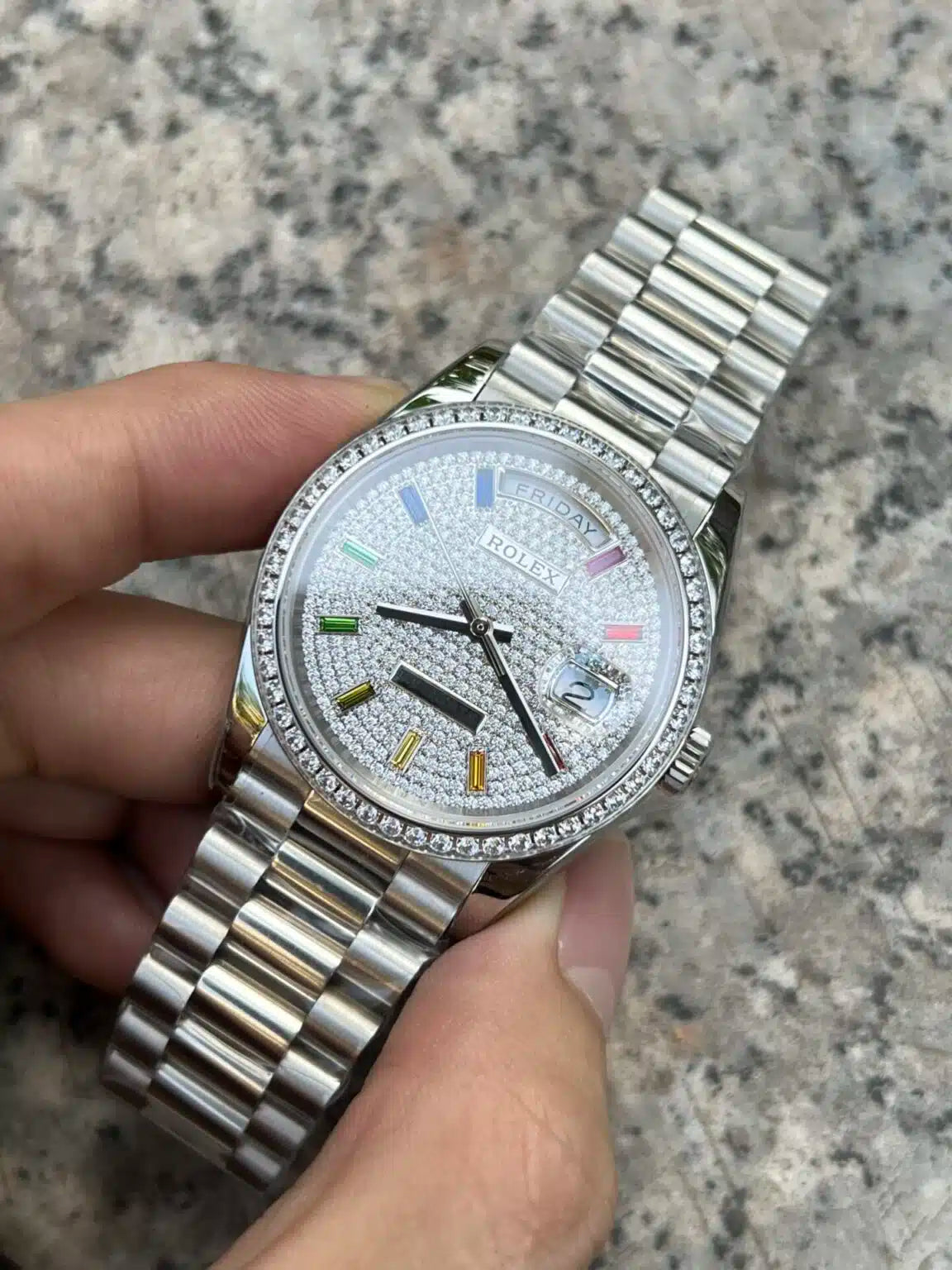 Rolex Day-Date 36mm White Gold  Paved Rainbow